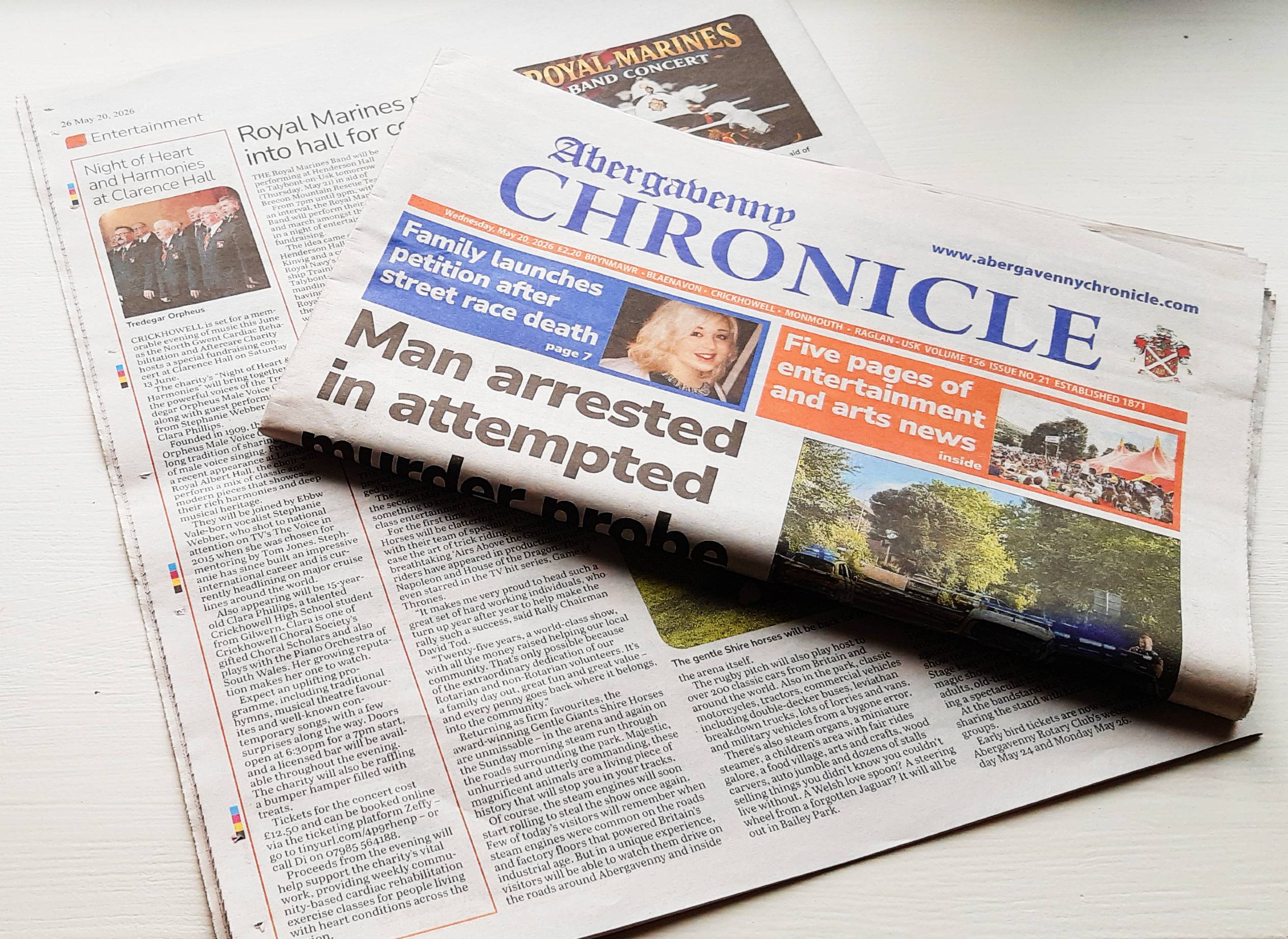 Abergavenny Chronicle article on concert from 20 May 2026
